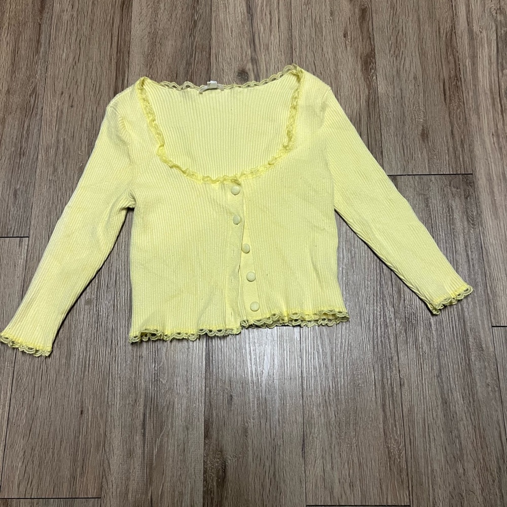 For love & lemons Yellow Ribbed Top with Lace Trim